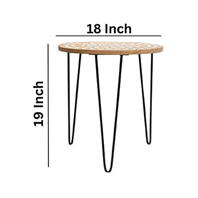 White Natural Decorative Side Table | Handcrafted Wooden Base with Carving | Metal Legs | 19x18 Inches