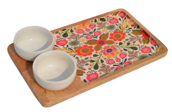 Wooden Decal Serving Platter  With Two Ceramic Bowl