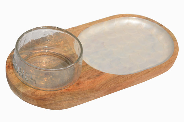 Wooden Decal Ovel Serving Platter with Glass Dip Bowl