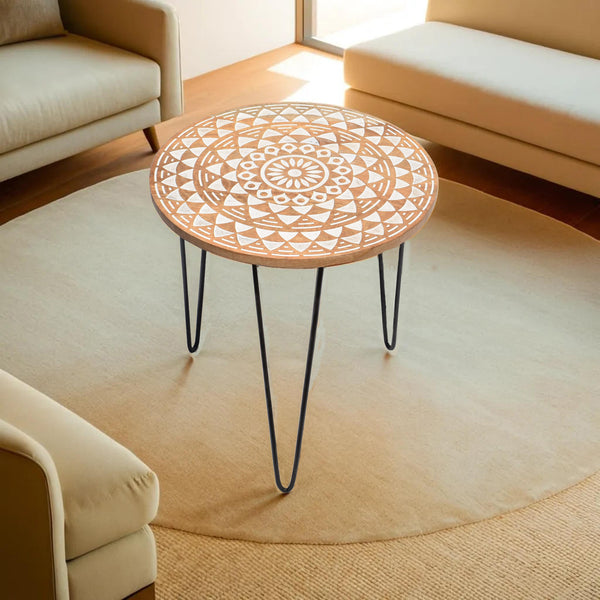 White Natural Decorative Side Table | Handcrafted Wooden Base with Carving | Metal Legs | 19x18 Inches