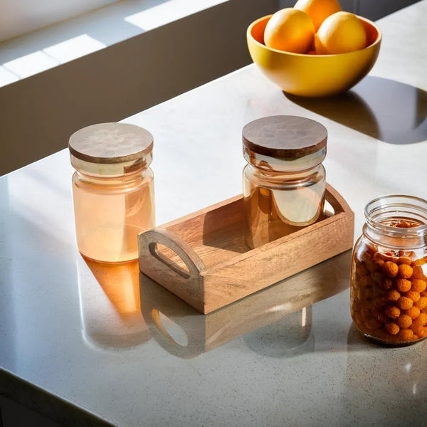 Wooden Tray with Glass Jars | Rustic Kitchen Decor | 2 jars