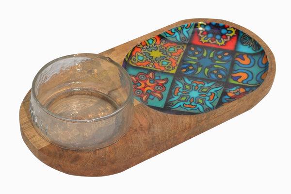 Wooden Decal Ovel Serving Platter with Glass Dip Bowl