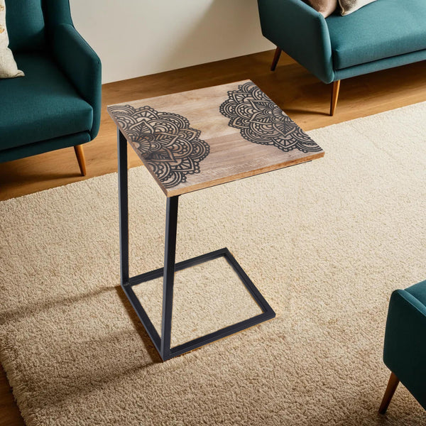 Mandala Stencil Black Natural Contemporary C-Shape Side Table (GD1640)