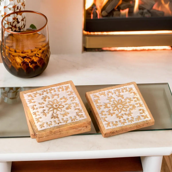 Floral Wooden Carved Coasters.