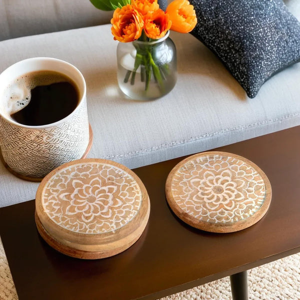 Floral Round Wooden Carved Coasters