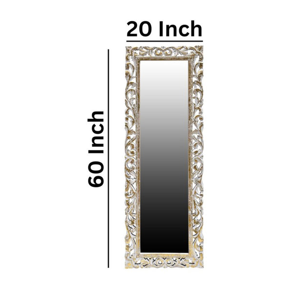 Hand-Carved Wooden Mirror 60x20 Inches | White and Gold with Foil | Elegant Decorative Wall Mirror