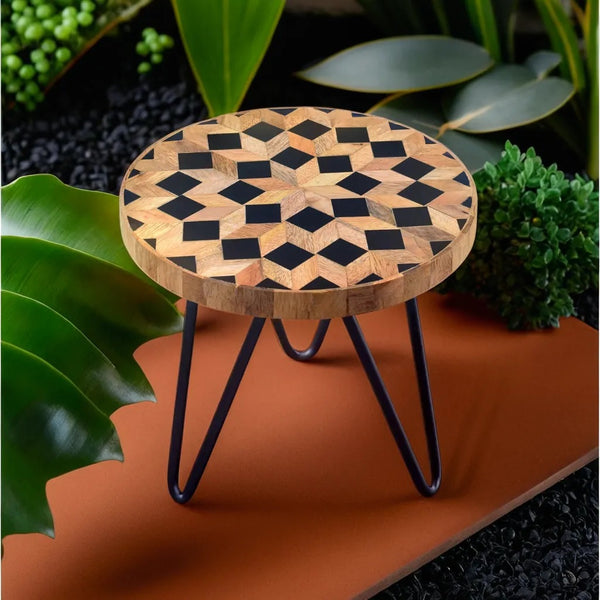 Black & Natural Plant Stand with Wooden Base and Resin Top (20x20cm) | Versatile Indoor/Outdoor Flower Pot Holder, Stool, and Decorative Accent | Modern Home and Garden Decoration