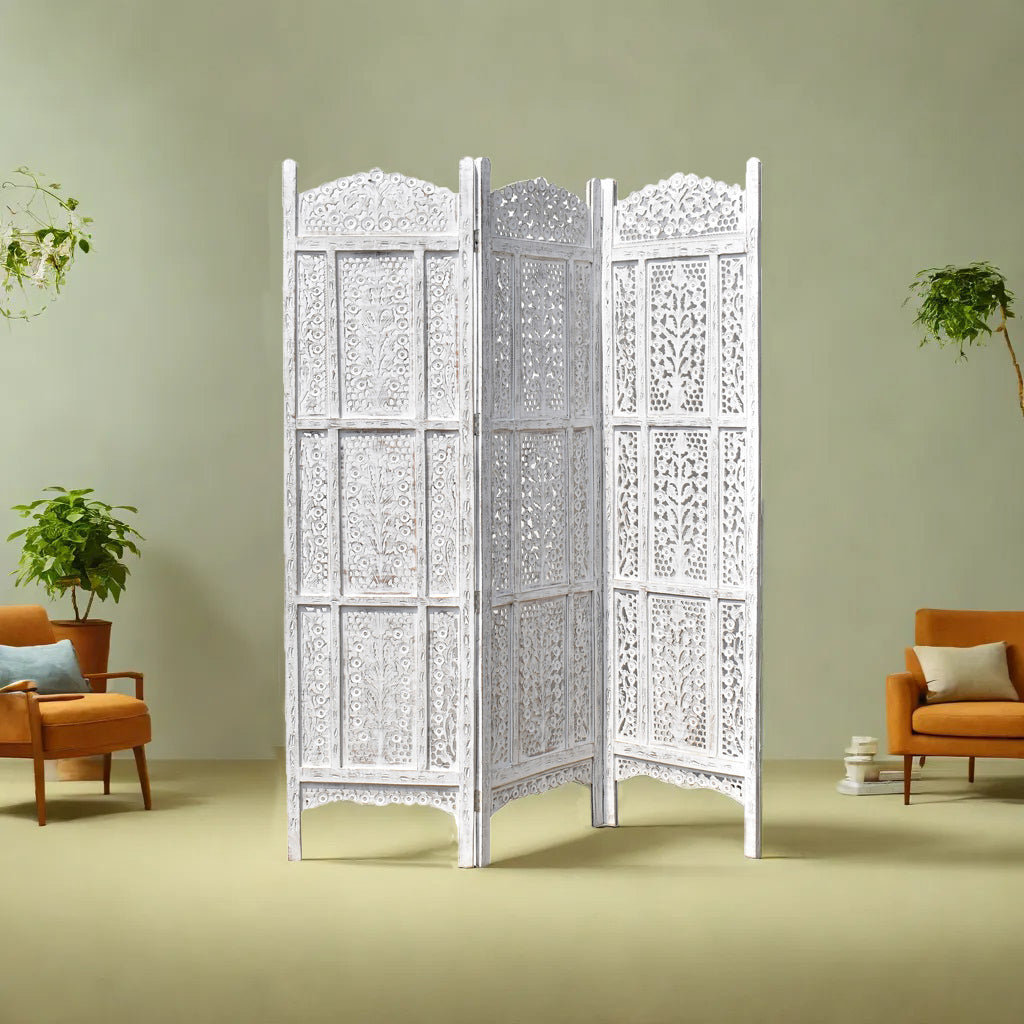 Antique White Partition Screen | Handcrafted Room Divider with Elegant ...