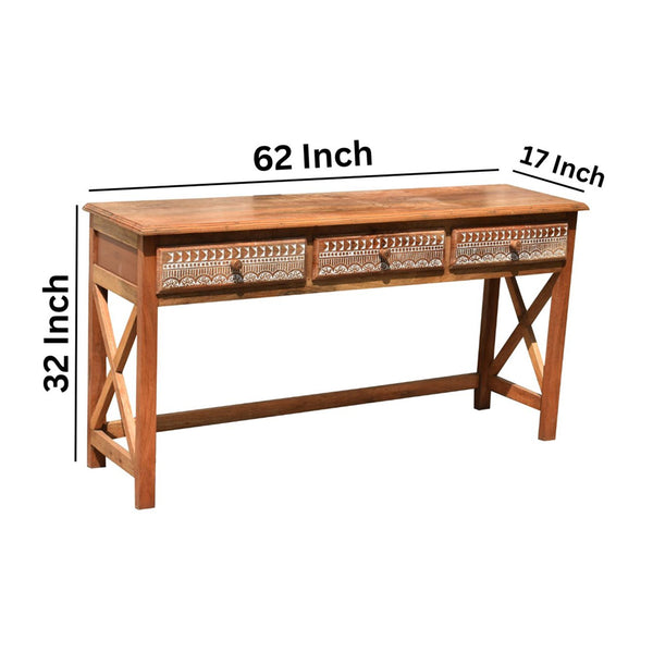 Wooden Carved Console Table with 3 Drawers | Handcrafted Design | Size: 62 x 17 x 32 Inches