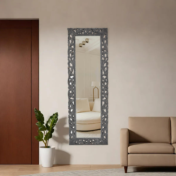 Carved Wooden Mirror 18x48 Inches | Handcrafted Wall Mirror with Intricate Design