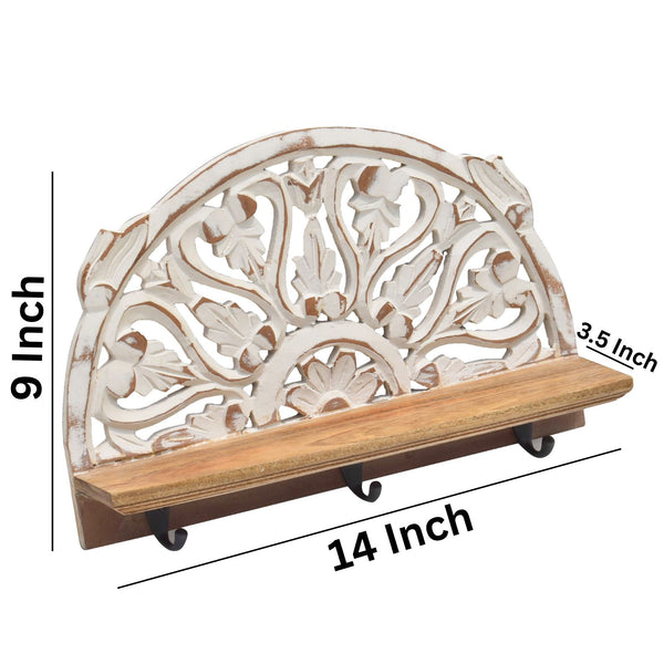 Manadala pattern Wooden Carved Shelf with 3 Hooks