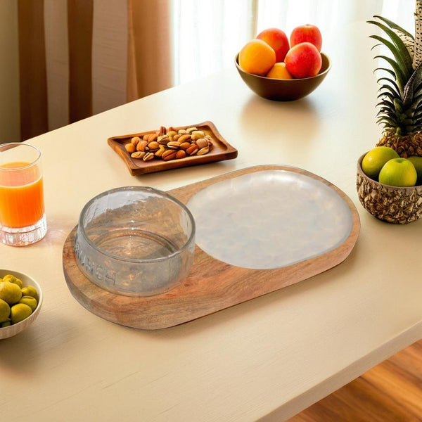 Wooden Decal Ovel Serving Platter with Glass Dip Bowl