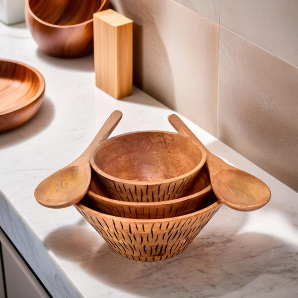 Vertical black  carved Wooden  Bowl S/3 with serers