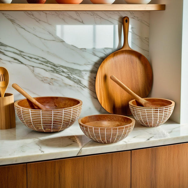 Cross lines carved wooden  Bowl S/3 with servers