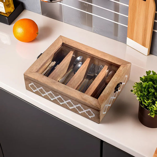 Wooden Cutlery Holder | Handcrafted Kitchen Utensil Organizer | Natural Finish