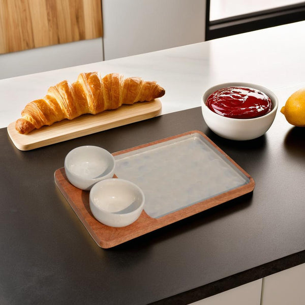 Wooden Decal Serving Platter  With Two Ceramic Bowl