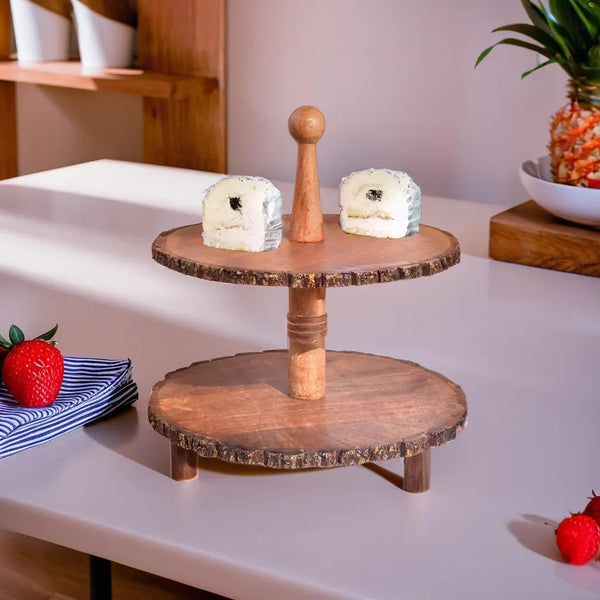 Wooden Multi Story Cake Stand, Dessert Serving Tray Platter,  Cake Cutting Holder, Cake Plate with Bark Pattern Tray Dessert Stand Cupcake Holder