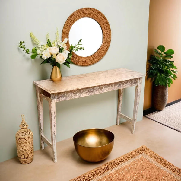 Sleek white distressd  Wooden Carved Console