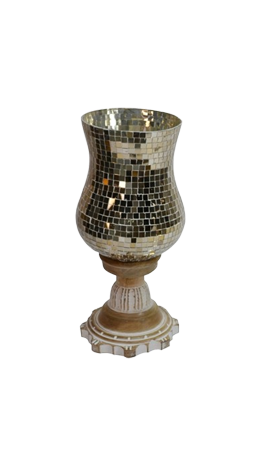 Wooden Handicrafts Hurricane with Golden Mosaic Work Glass Chimney