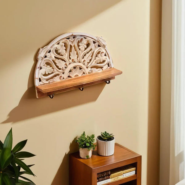 Manadala pattern Wooden Carved Shelf with 3 Hooks