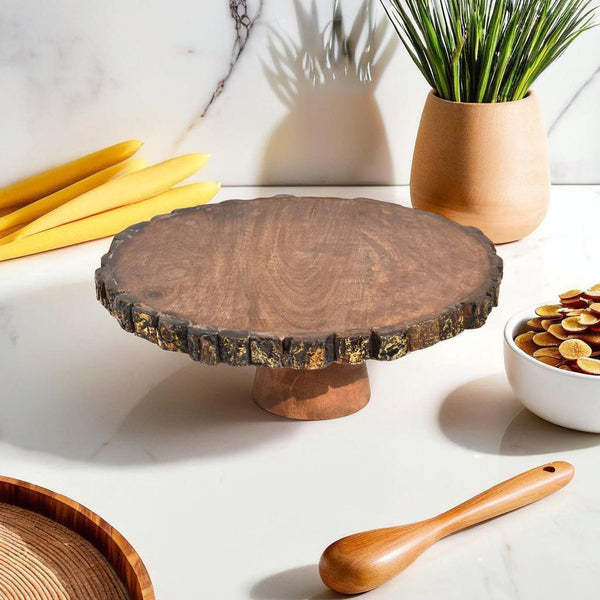 Wooden Round Cake Stand, Round Cake Dessert Serving Tray Platter, Round Cake Cutting Holder, Cake Plate with Bark Pattern Tray Dessert Stand Cupcake Holder