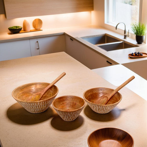 Vertical white carved Wooden  Bowl S/3 with servers