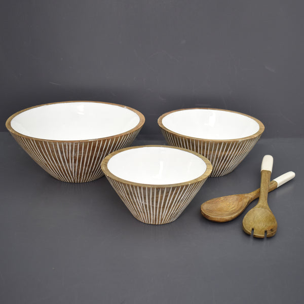 Wood Carved Bowls with Servers, Set of 3 (GD1898)