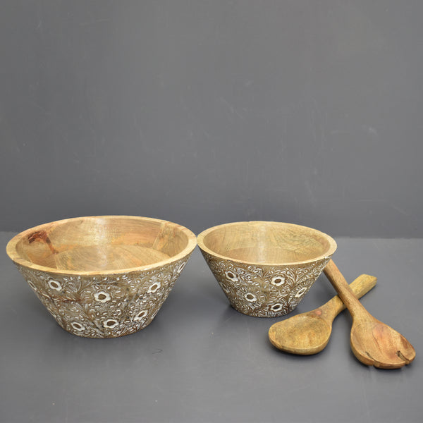 Wood Carved Bowls with Servers, Set of 2 (GD1919)