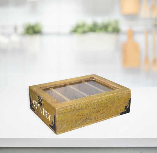 Wood Engraved Cutlery Box with Metal Cladding (GD1833)