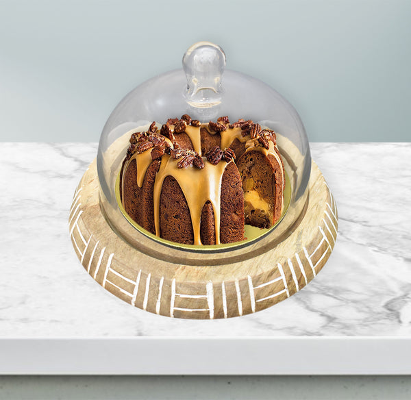 Wood Carved, Cake Dome with Glass Lid (GD2325)