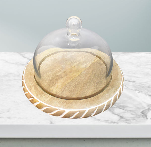 Wood Carved, Cake Dome with Glass Lid (GD2326)