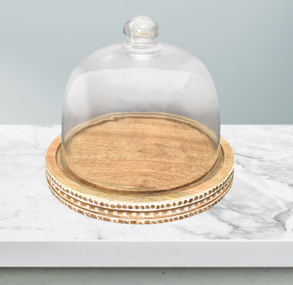 Wood Carved, Cake Dome with Glass Lid (GD2329)