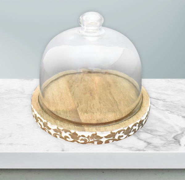 Wood Carved, Cake Dome with Glass Lid (GD2330)