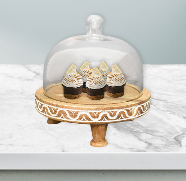 Wood Carved, Cake Dome with Glass Lid (GD3059)