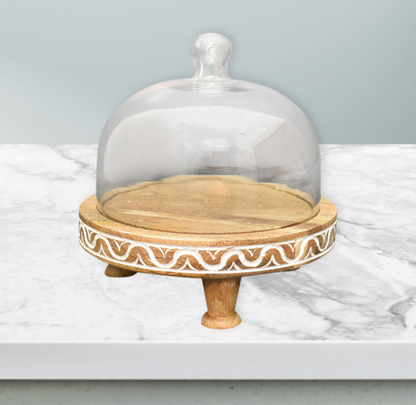 Wood Carved, Cake Dome with Glass Lid (GD3059)