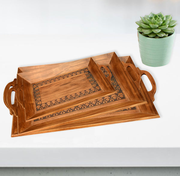 Acacia Wood Carved Serving Tray Set (GD2283)