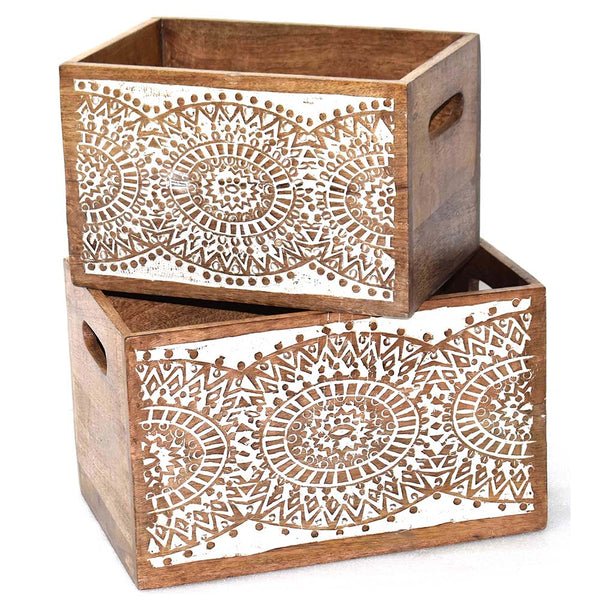 Wood Carved Storage Crate Set